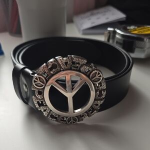 Black Leather Belt with Silver Peace Buckle